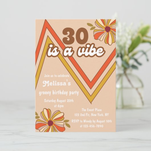 レトロ70年代ヒッパイフラワージグザグザ30歳の誕生日 招待状 (スタンド正面)