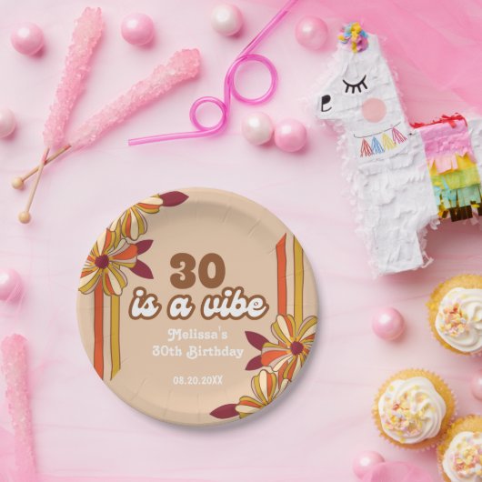 レトロ70年代ヒッピー花30歳の誕生日 ペーパープレート (パーティー)