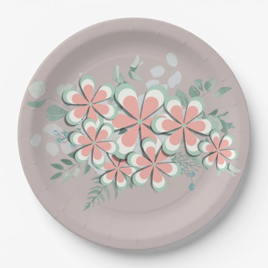 レトロ70年代フラワーパワーコーラル今の色 ペーパープレート (正面)
