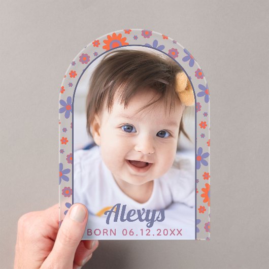 レトロ70年代フラワーパワー写真誕生のお知らせ アクリル招待状 (インサイチュ (ポータブル))