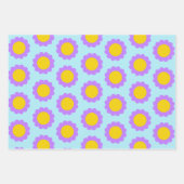 レトロ70年代ブルーパープルとイエローフローラルパターン ラッピングペーパーシート (正面2)