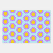 レトロ70年代ブルーパープルとイエローフローラルパターン ラッピングペーパーシート (正面)