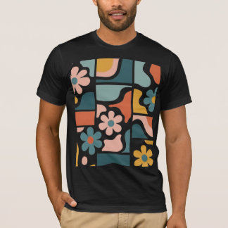 レトロ70年代ボヘミアン風フラワーパターン グルービー フラワー グリッド Tシャツ