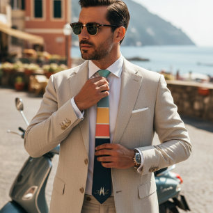 レトロ70年代モダン ネイビー ピンク ストライプ パターン モノグラム ネクタイ