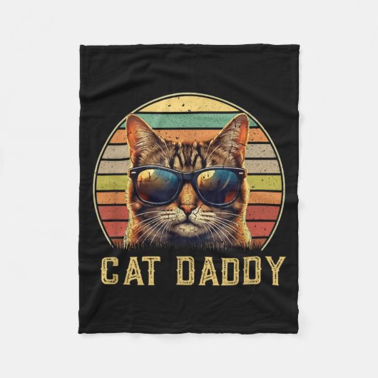 レトロ70年代 80年代 黒猫 メンズ 楽しい 猫 おじさん フリースブランケット (正面)
