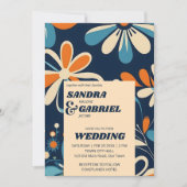 レトロ70iesティール(緑がかった色)デイジー結婚花のテンプレート 招待状 (正面)