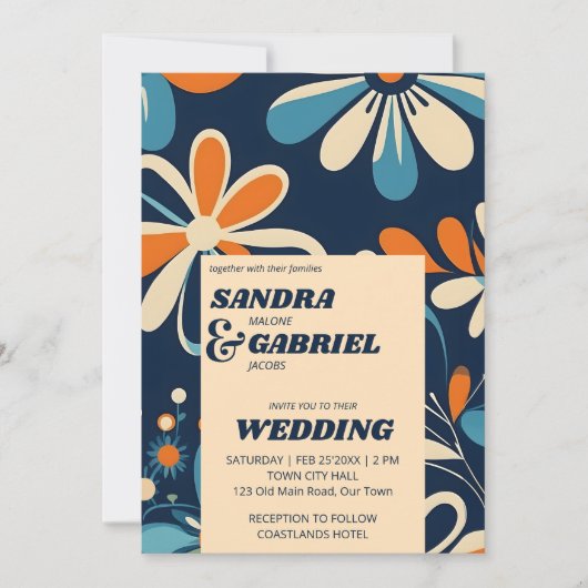 レトロ70iesティール(緑がかった色)デイジー結婚花のテンプレート 招待状 (正面)