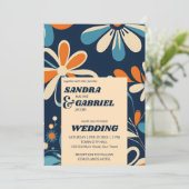 レトロ70iesティール(緑がかった色)デイジー結婚花のテンプレート 招待状 (スタンド正面)