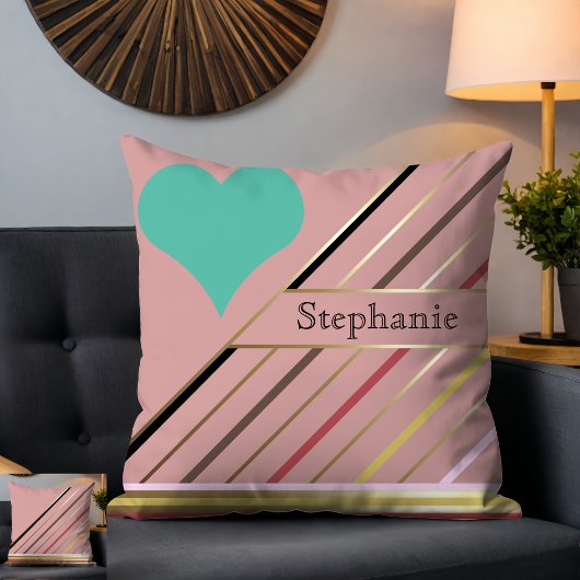 レトロ70sインスパイアストライプバラと金ゴールド クッション