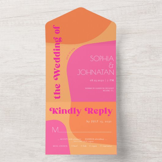 レトロ70sオレンジ色のピンクのはっきりした抽象芸術結婚式rsvp オールインワン招待状 (内側)