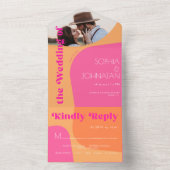 レトロ70sオレンジ色ピンク抽象芸術PHOTOウェディングスプ オールインワン招待状 (内側)