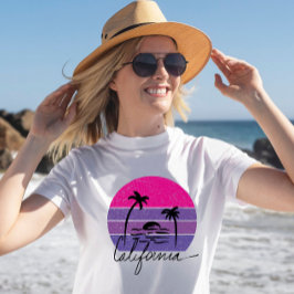レトロ70sカリフォルニアビーチヴィーベピンクパープルサンセット tシャツ