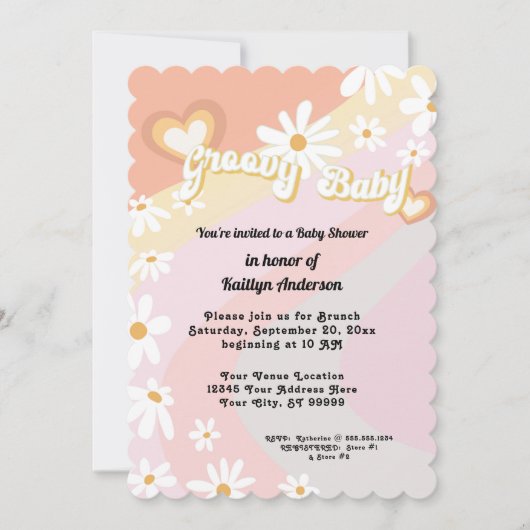 レトロ70sグルービーデイジーピーチガールベビーシャワーインヴィ 招待状 (正面)