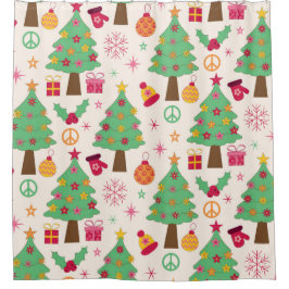 レトロ70'sグルーヴィークリスマスツリーパターン シャワーカーテン