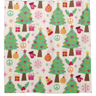 レトロ70'sグルーヴィークリスマスツリーパターン シャワーカーテン