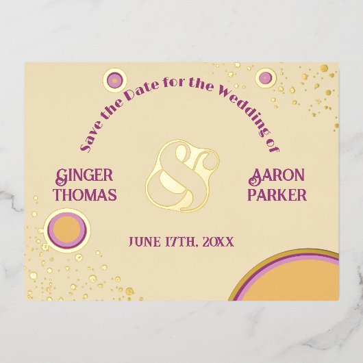 レトロ70sサークルパープルウェディング日付を保存 箔招待状ポストカード (正面)