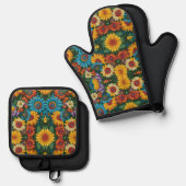 レトロ70sスタイルカラフルデイジー 鍋つかみ&鍋敷きセット (正面/裏面)