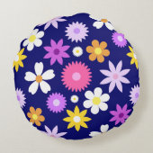 レトロ70sスタイルフラワーLgパターンonダークブルー ラウンドクッション (裏面)