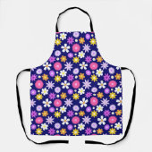 レトロ70sスタイル花Rptパターンの濃い青 エプロン (正面)