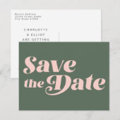 レトロ70sタイポグラフィピンクと緑の日付を保存 ポストカード (正面/裏面)