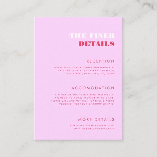 レトロ70sタイポグラフィピンクと赤結婚の詳細 エンクロージャーカード (正面)