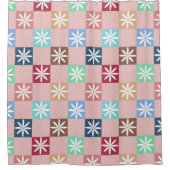 レトロ70sデイジー市松模様にボードパターン シャワーカーテン (正面)