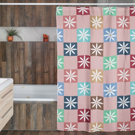 レトロ70sデイジー市松模様にボードパターン シャワーカーテン