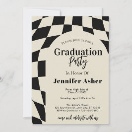 レトロ70sネイビー市松模様にル・アーチ写真卒業 招待状