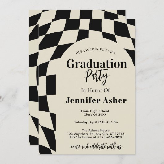 レトロ70sネイビー市松模様にル・アーチ写真卒業 招待状 (正面/裏面)