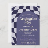 レトロ70sネイビー市松模様にル・アーチ写真卒業 招待状 (正面)