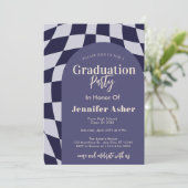 レトロ70sネイビー市松模様にル・アーチ写真卒業 招待状 (スタンド正面)