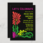 レトロ70sネオングルーヴィサイケデリックフラワー誕生日 招待状 (正面/裏面)