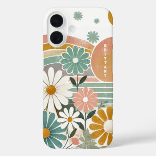 レトロ70sパステルウォーターカラーフローラ パーソナライズされた iPhone 16ケース