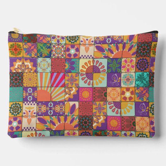 レトロ70sパッチワークファスナー付きパウチ アクセサリーポーチ (正面)