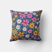 レトロ70sヒッピー花オンネイビーブルー クッション (裏面)