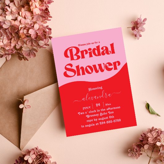 レトロ70sピンクと赤ネオンブライダル招待状 招待状