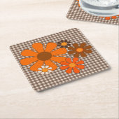 レトロ70sフローラジンガムヴィンテージオレンジとブラウン スクエアペーパーコースター (アングル)