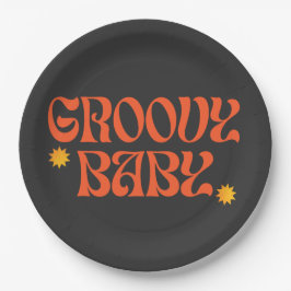 レトロ70sマスタードオレンジブラックヒッピーGroovyベビー ペーパープレート