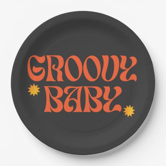 レトロ70sマスタードオレンジブラックヒッピーGroovyベビー ペーパープレート (正面)