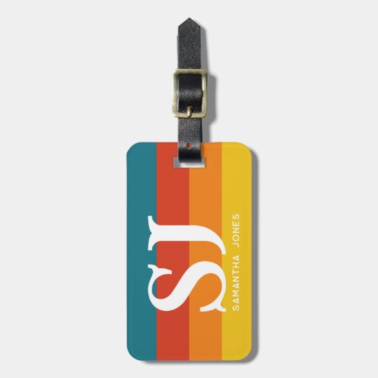 レトロ70sレインボーはっきりしたイニシャルストライプモノグラム ラゲッジタグ (正面縦)