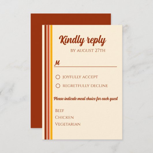 レトロ70sレインボーグルーヴィテラコッタオレンジ結婚ズ 出欠カード (正面/裏面)