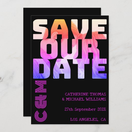 レトロ70s名前モノグラムと写真結婚の救The セーブザデート (正面/裏面)