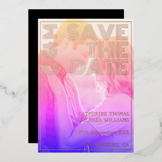 レトロ70s名前モノグラムと写真結婚ズ 箔招待状 (正面/裏面)