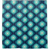 レトロ70s波状花柄 – 青 シャワーカーテン (正面)