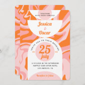 レトロ70s液体スワールボホピンクオレンジ結婚ズ 招待状 (正面/裏面)