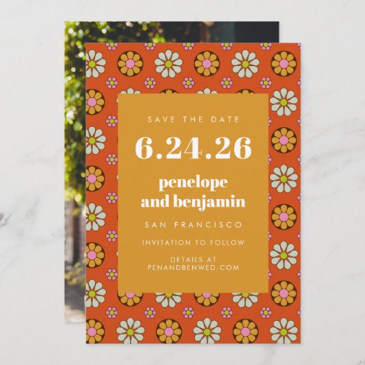 レトロ70s花ブライトオレンジ写真結婚ズ セーブザデート (正面/裏面)