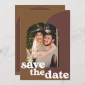 レトロ70s茶色の幾何学結合結婚写真 セーブザデート (正面/裏面)