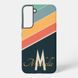 レトロ70s青モノグラムのピンク縦ストライプ samsung galaxy s22+ケース