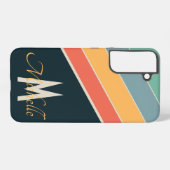 レトロ70s青モノグラムのピンク縦ストライプ samsung galaxyケース (裏面横)