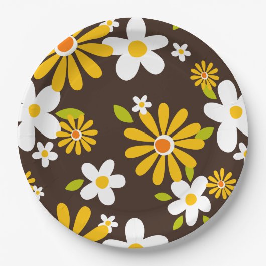 レトロ70s 60sの花模様スタイル紙パーティー ペーパープレート (正面)